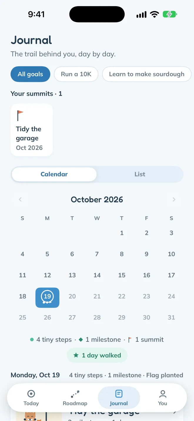 The journal in Thaki: October as a calendar, with the days walked marked.
