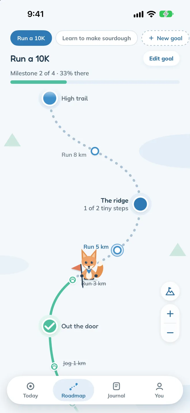 The Roadmap in Thaki: the goal Run a 10K drawn as a trail, two tiny steps walked in mint, Thaki standing by the next one.